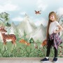 Cute Forest Animals with Kids Mountain Landscape Wallpaper Mural