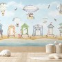 Watercolor Kids Beach House with Hot Air Balloons