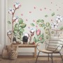 White Cotton Florals with Green Leaf and Pink Rosebud Wall Decal Sticker