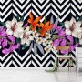 Colorful Flowers with Black White Stripe Patterned Wallpaper Mural