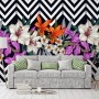 Colorful Flowers with Black White Stripe Patterned Wallpaper Mural