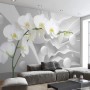 White Orchid Floral with Abstract Stripe Wallpaper Mural