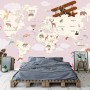 For Kids Pink World Map with Vintage Aircraft and Hot Air Balloon Wallpaper Mural
