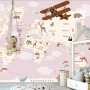 For Kids Pink World Map with Vintage Aircraft and Hot Air Balloon Wallpaper Mural