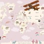 For Kids Pink World Map with Vintage Aircraft and Hot Air Balloon Wallpaper Mural