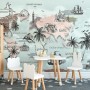 Kids World Map with Charcoal Famous Landmarks Wallpaper Mural