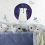 Kids Cute White Bear with Watercolor Moon and Yellow Stars Wall Decal Sticker