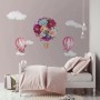 Colorful Floral Bouqet Hot Air Balloon and Pink Clouds Wall Decal Sticker