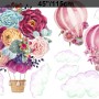 Colorful Floral Bouqet Hot Air Balloon and Pink Clouds Wall Decal Sticker