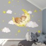 Kids Cute Mouse on the Crescent Moon and Watercolor Yellow Stars Wall Decal Sticker
