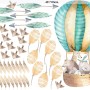 Kids Watercolor Hot Air Balloon with Animals and Colorful Feathers Wall Decal Sticker