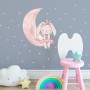 Kids Watercolor Cute Rabbit and Pink Moon with Little Stars Wall Decal Sticker