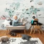 Kids Blue World Map with Cute Animals with Flying Rabbit Wallpaper Mural