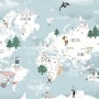 Kids Blue World Map with Cute Animals with Flying Elephant Wallpaper Mural