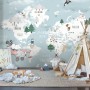 Kids Blue World Map with Cute Animals with Flying Elephant Wallpaper Mural