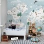 Kids Blue World Map with Cute Animals with Flying Elephant Wallpaper Mural