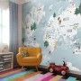 Kids Blue World Map with Cute Animals with Flying Elephant Wallpaper Mural