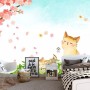 Cherry Blossom and Cartoon Cats Wallpaper Mural