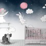 Cartoon Nightscape with Rabbit and Elephant Wallpaper Mural