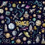 Kids Cartoon Space with Astronaut and Colorful Planets Wallpaper Mural