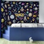 Kids Cartoon Space with Astronaut and Colorful Planets Wallpaper Mural