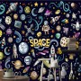 Kids Cartoon Space with Astronaut and Colorful Planets Wallpaper Mural