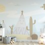 Cartoon Landscape with Happy Sun Wallpaper Mural
