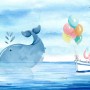 Cartoon Sea with Pink Elephant and Whales Wallpaper Mural