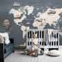 Kids Gray World Maps with Vintage Hot Air Balloon and Cars Wallpaper Mural