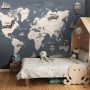 Kids Gray World Maps with Vintage Hot Air Balloon and Cars Wallpaper Mural