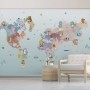 Pink Purple World Map with Animals Wallpaper Mural