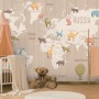 Kids Wooden Style World Map with Colorful Animal Silhouette Wallpaper Mural
