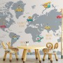 Kids World Map with Little Cars Wallpaper Mural