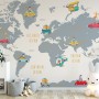 Kids World Map with Little Cars Wallpaper Mural