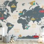 Kids World Map with Animals and Little Cars Wallpaper Mural