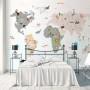 Colorful Kids World Map with Cartoon Animals Wallpaper Mural