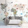 Colorful Kids World Map with Cartoon Animals Wallpaper Mural