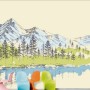 Charcoal Mountain Landscape with Lake and Pine Trees Wallpaper Mural