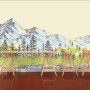 Charcoal Mountain Landscape with Lake and Pine Trees Wallpaper Mural