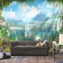 Waterfall and White Swan with Garden Flowers Landscape Wallpaper Mural