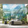 Waterfall and White Swan with Garden Flowers Landscape Wallpaper Mural