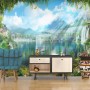 Waterfall and White Swan with Garden Flowers Landscape Wallpaper Mural
