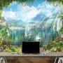 Waterfall and White Swan with Garden Flowers Landscape Wallpaper Mural