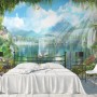 Waterfall and White Swan with Garden Flowers Landscape Wallpaper Mural