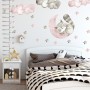 Nursery Cute Raccun and Watercolor Pink Gray Stars Wall Decal Sticker