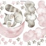 Nursery Cute Raccun and Watercolor Pink Gray Stars Wall Decal Sticker