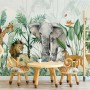 Kids Tropical Safari Animals with Green Leafs Wallpaper Mural