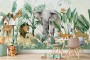 Kids Tropical Safari Animals with Green Leafs Wallpaper Mural