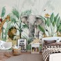 Kids Tropical Safari Animals with Green Leafs Wallpaper Mural