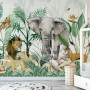 Kids Tropical Safari Animals with Green Leafs Wallpaper Mural